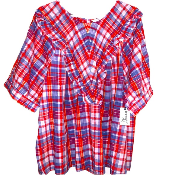Terra & Sky 3x 24W/26W Plaid Ruffle Woven Blouse - Picture 1 of 9